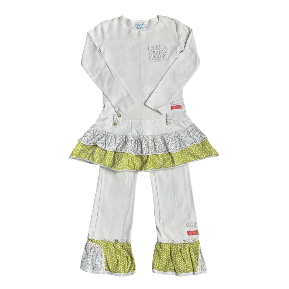 NAARTJIE‎ Kids Tunic Dress Leggings Set Size 6 Cream Green Ruffle Boho Artsy Fun